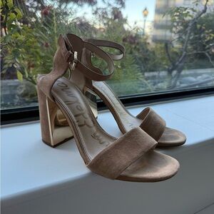 Sam Edelman Synthia Tan Suede Gold Mirror Heels